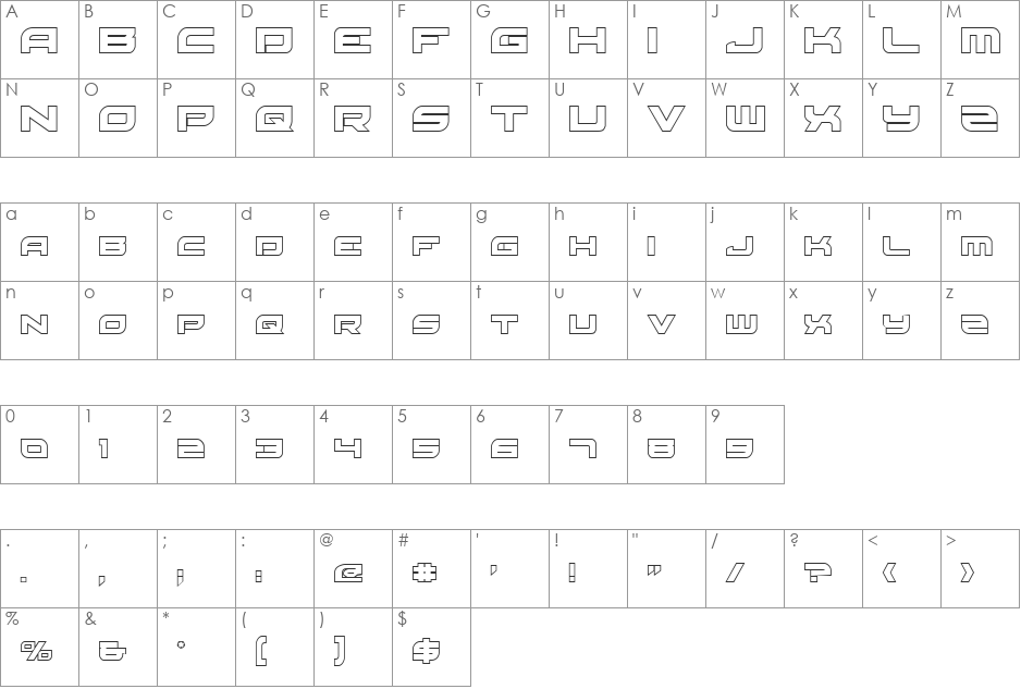Red Rocket Outline font character map preview