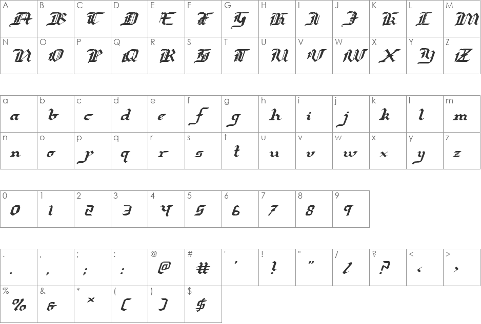 Redcoat Expanded Italic font character map preview
