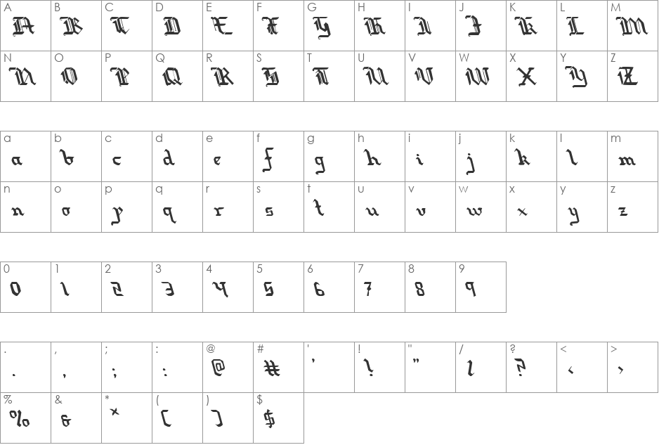Redcoat Leftalic font character map preview