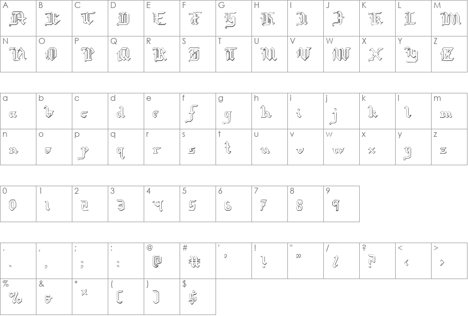 Redcoat Shadow font character map preview