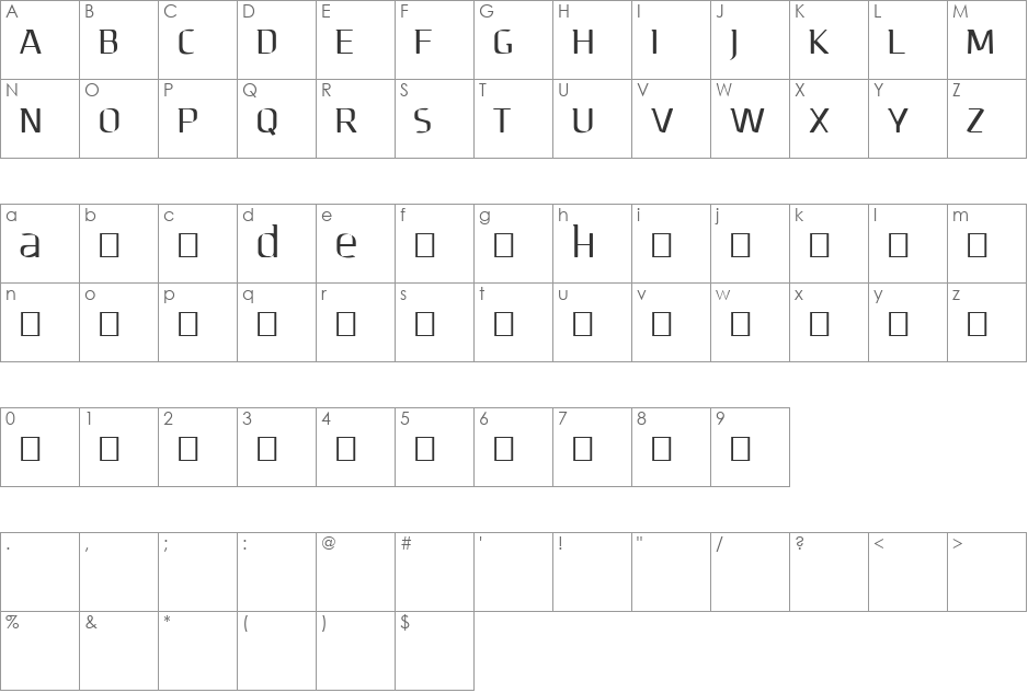 Redhead font character map preview