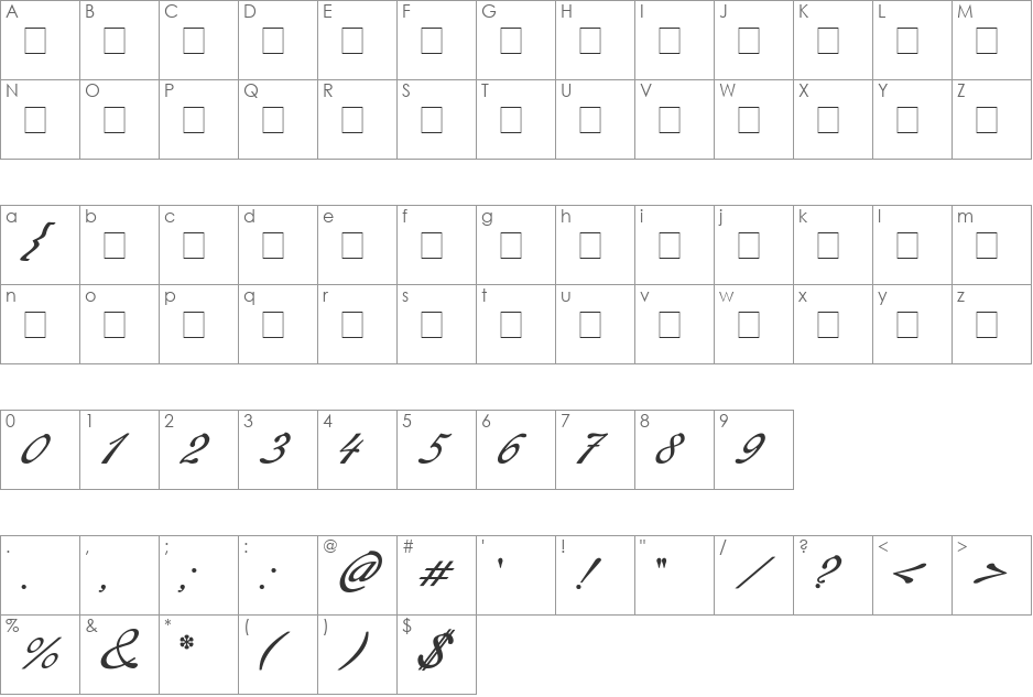 Redinger font character map preview