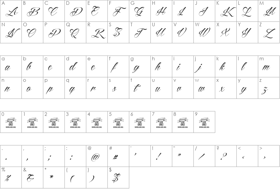 Reditum Personal Use Only font character map preview