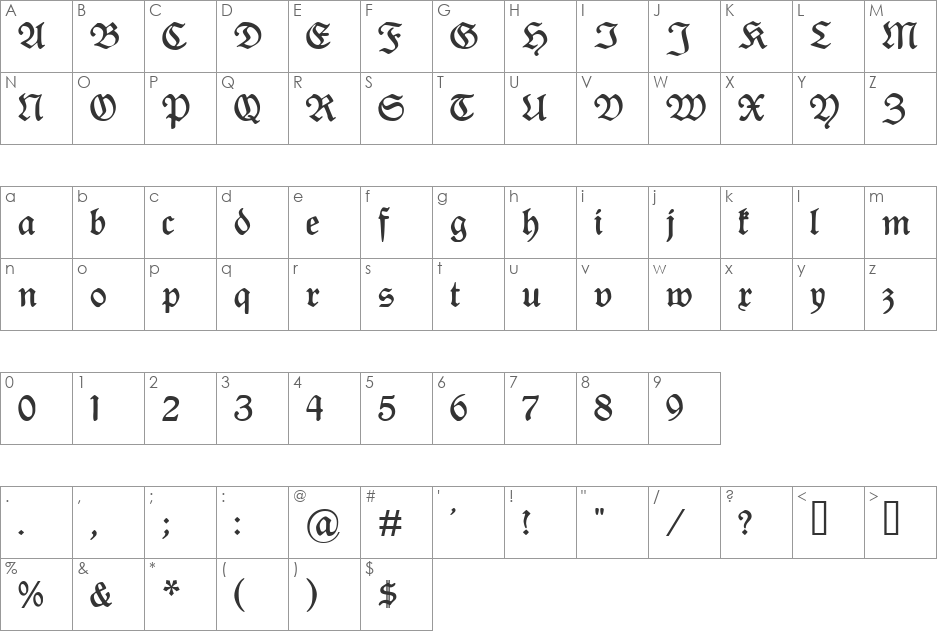Rediviva UNZ1 font character map preview