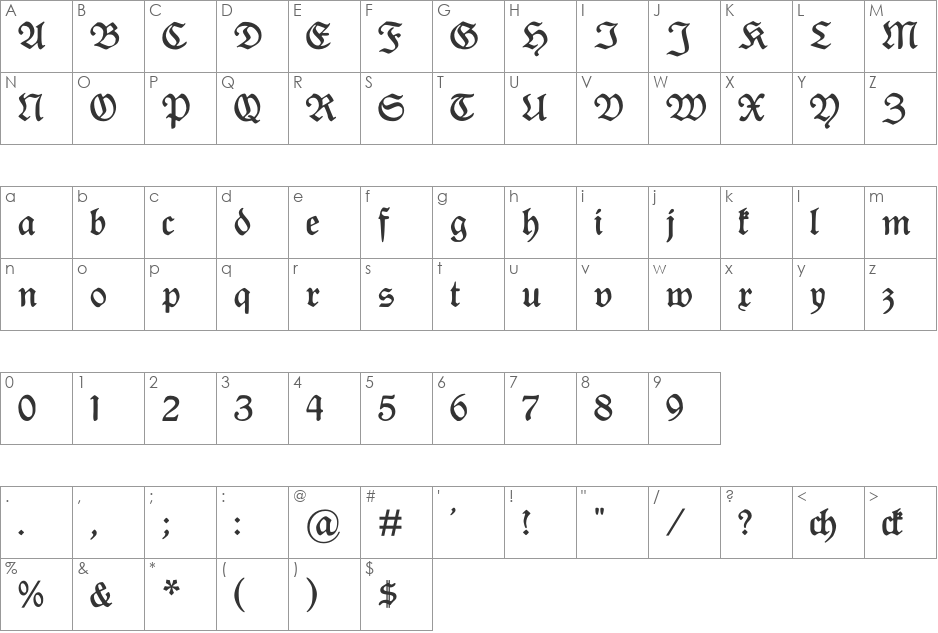 Rediviva Zierbuchstaben font character map preview