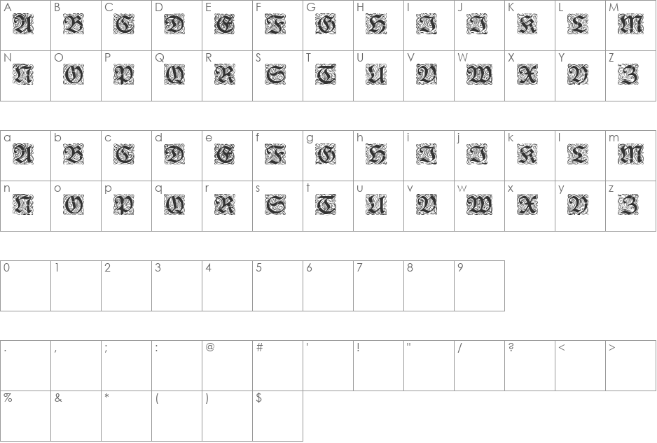 Rediviva Zierbuchstaben font character map preview