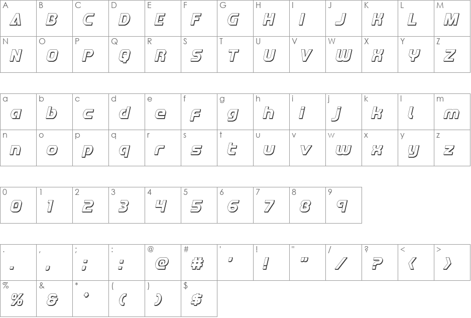 Redline 3D Italic font character map preview