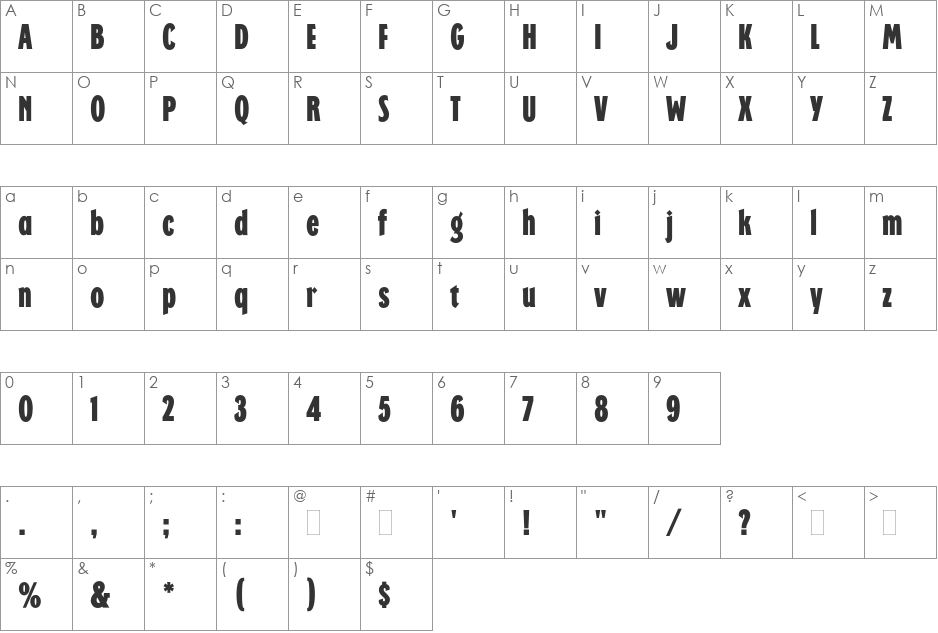 Regatta Condensed font character map preview