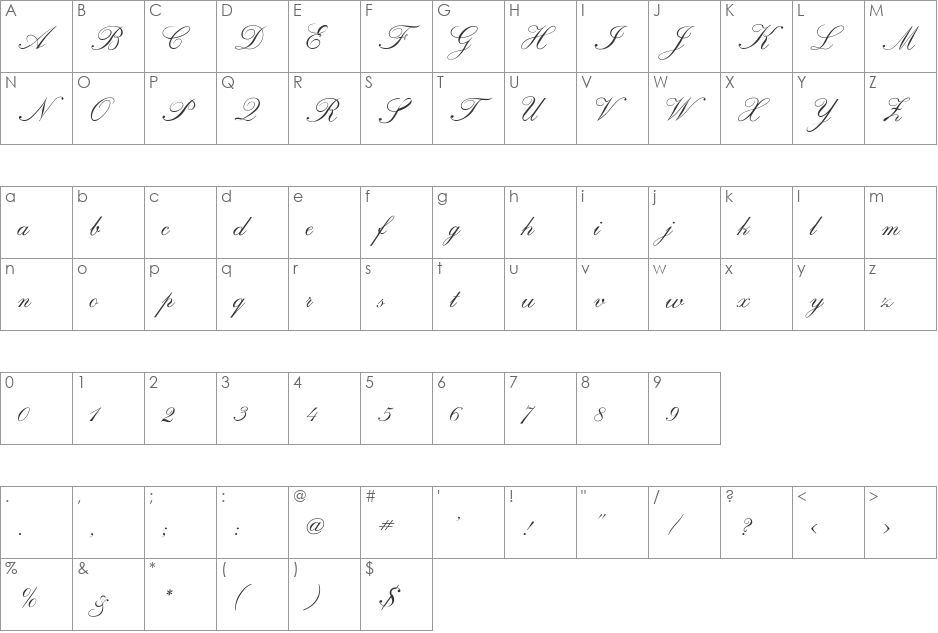 RegencyScriptFLF font character map preview