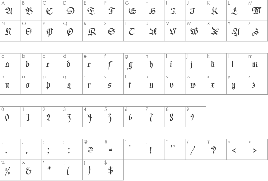 Regent UNZ font character map preview