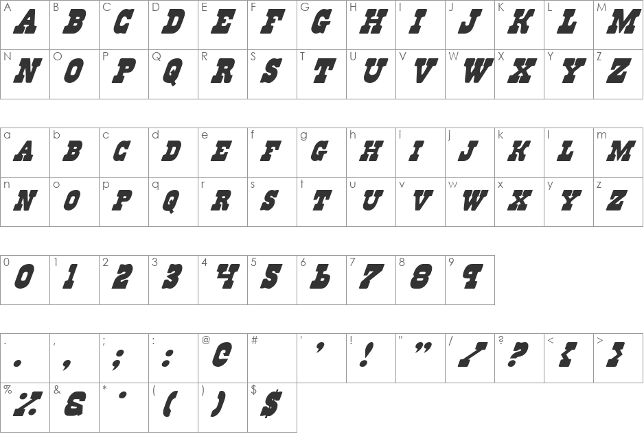 Regulators Italic font character map preview