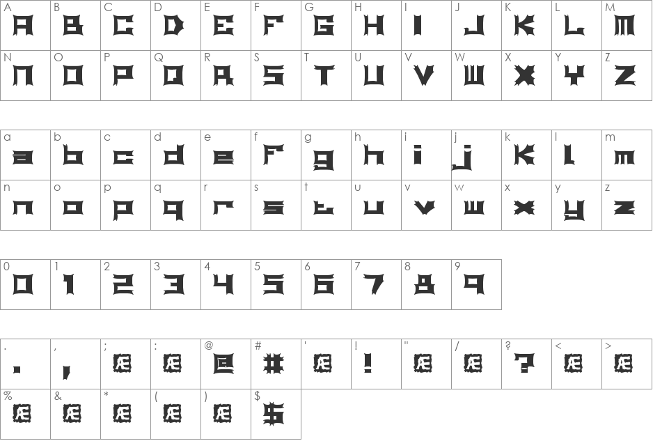 Relapse BRK font character map preview