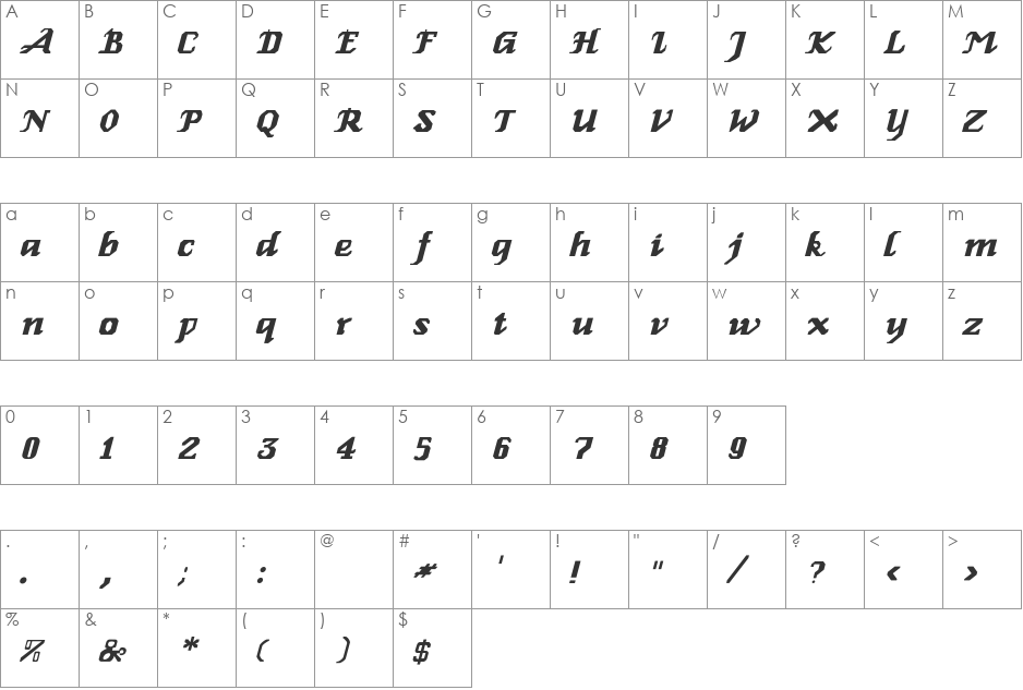 Relbe-Italic font character map preview