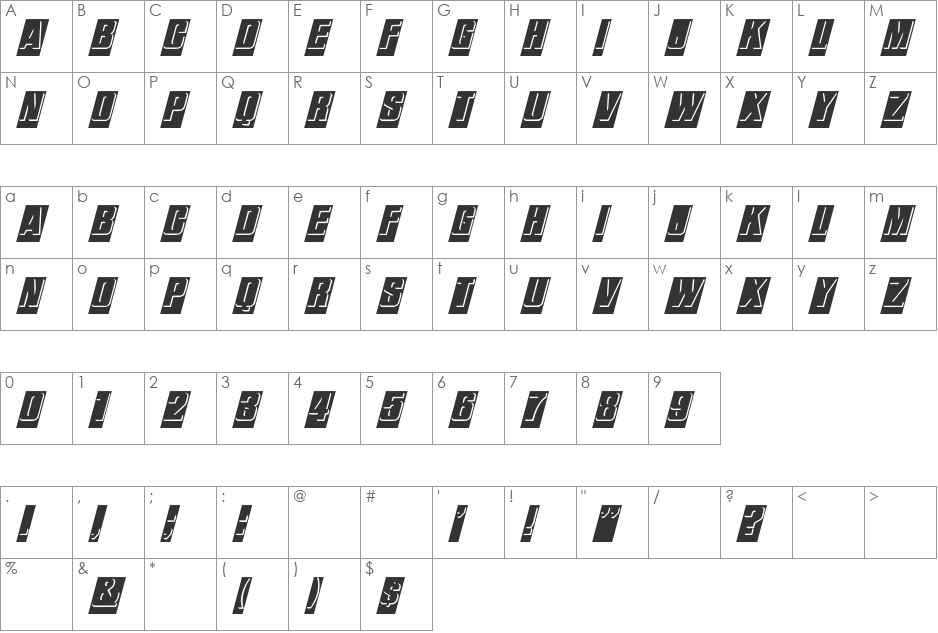 ReliefInReverse Italic font character map preview