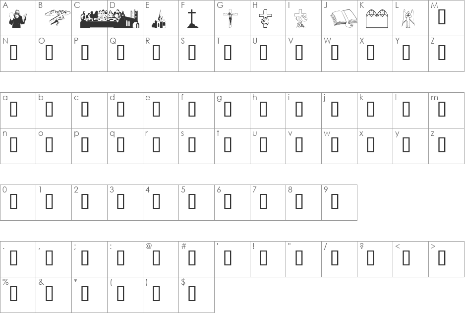 Religious 2 font character map preview