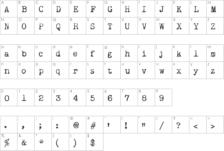 Remington Noiseless font character map preview