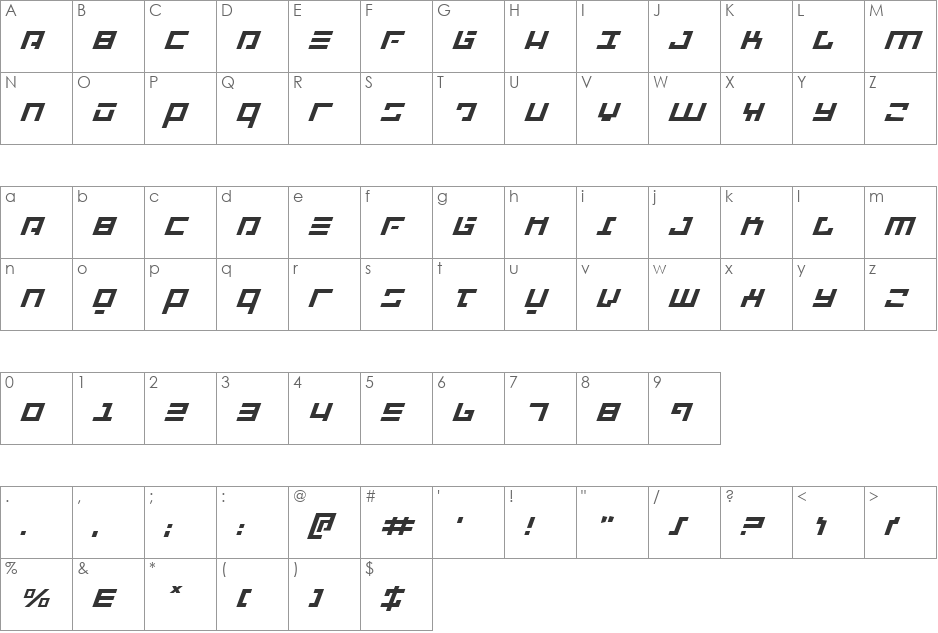 Repulsor Expanded Italic font character map preview
