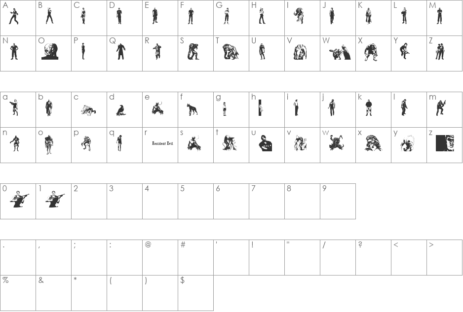 resident evil characters font character map preview