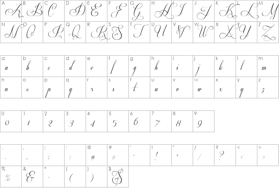 Respective Swashes Slanted font character map preview