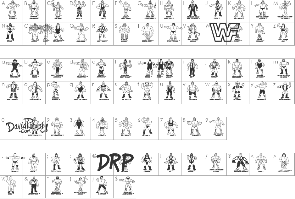 Retro Hasbro WWF Figures font character map preview
