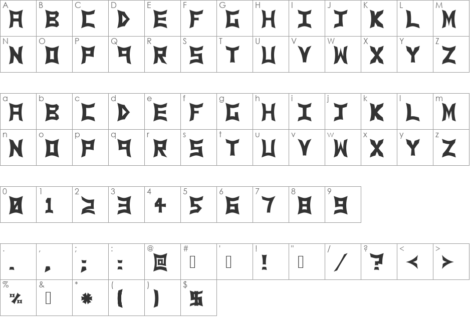Revelations font character map preview