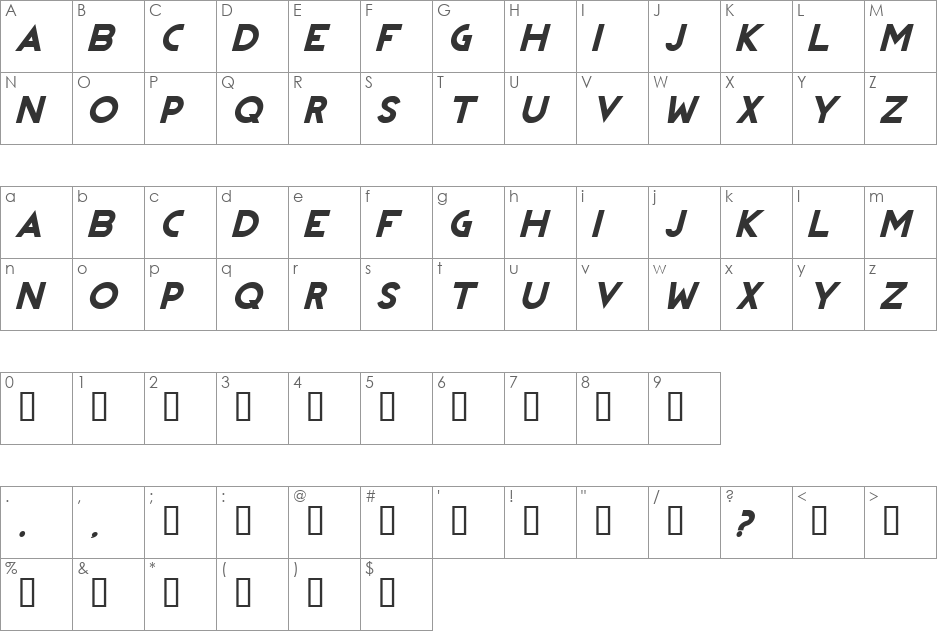 REVOLUTION Italic font character map preview