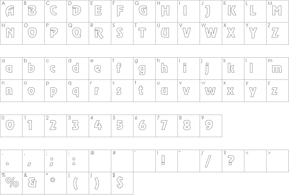 Revue Hollow font character map preview