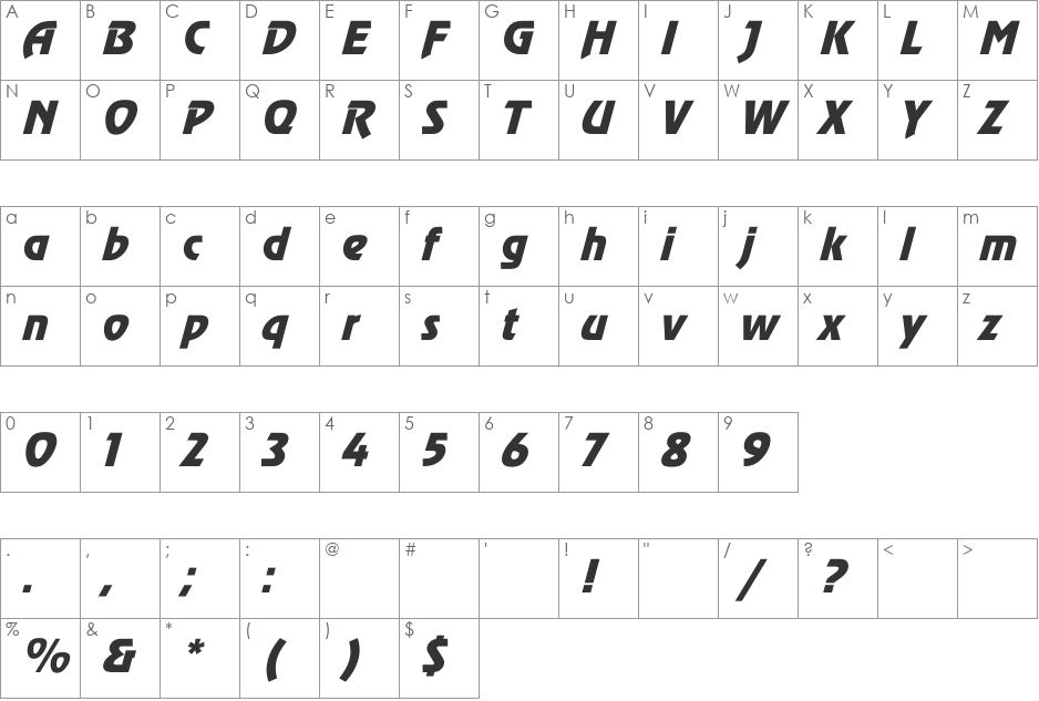 Revue Italic font character map preview