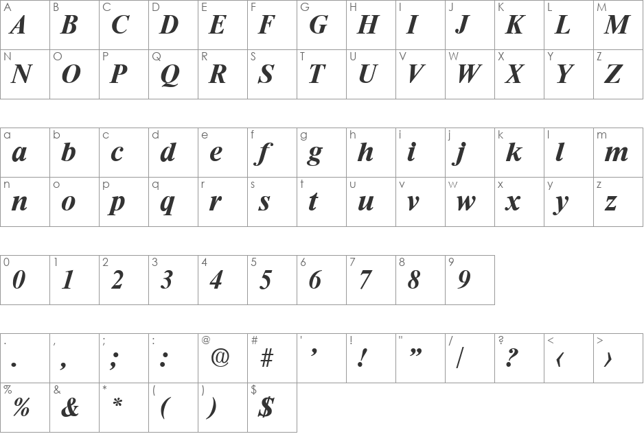 Riccione-DemiBoldIta font character map preview