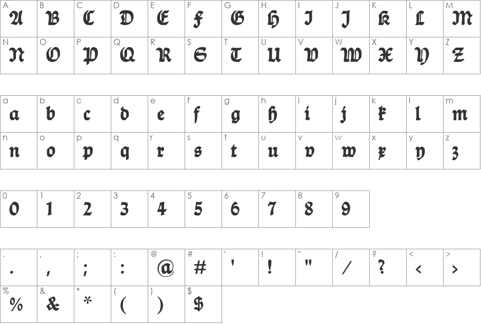 Ballade UNZ1 font character map preview
