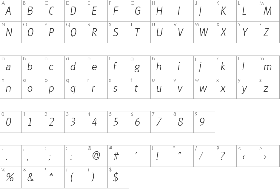 RichardBecker-ExtraLight font character map preview