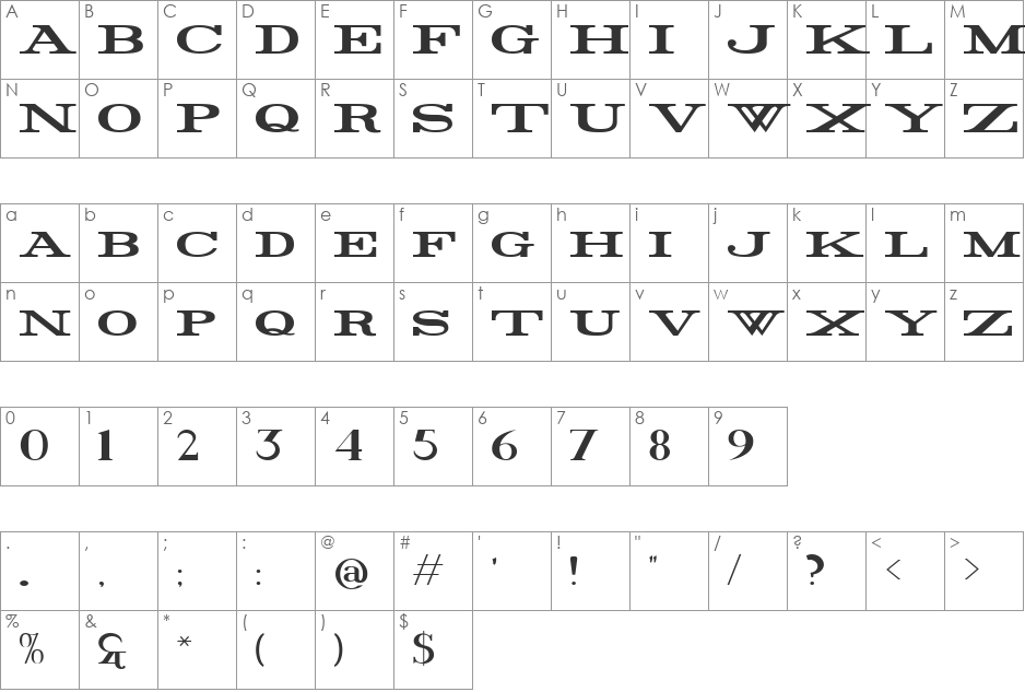 Rider Wide font character map preview