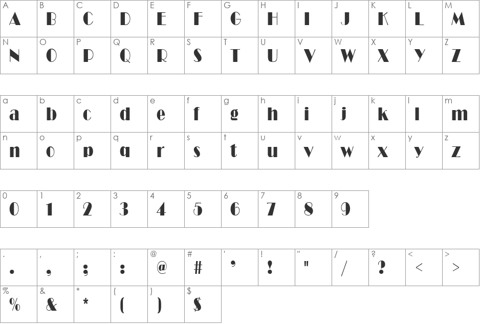 RitzCondensed font character map preview