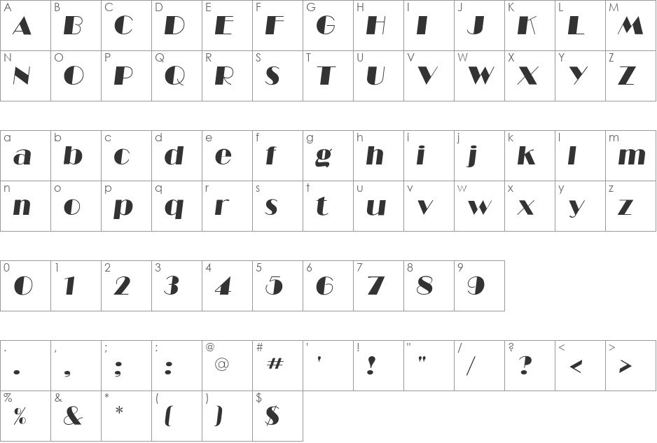RitzFLFCond font character map preview