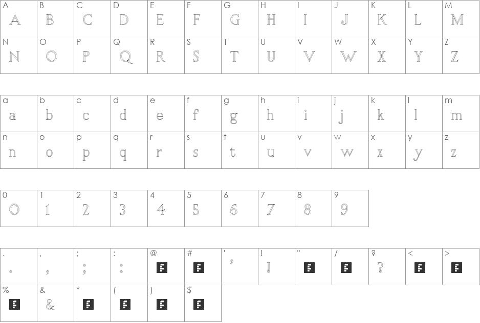 RM Romantic Carved font character map preview