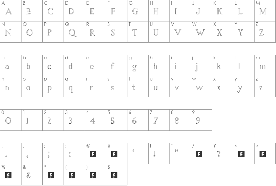 RM Romantic Carved shadow font character map preview