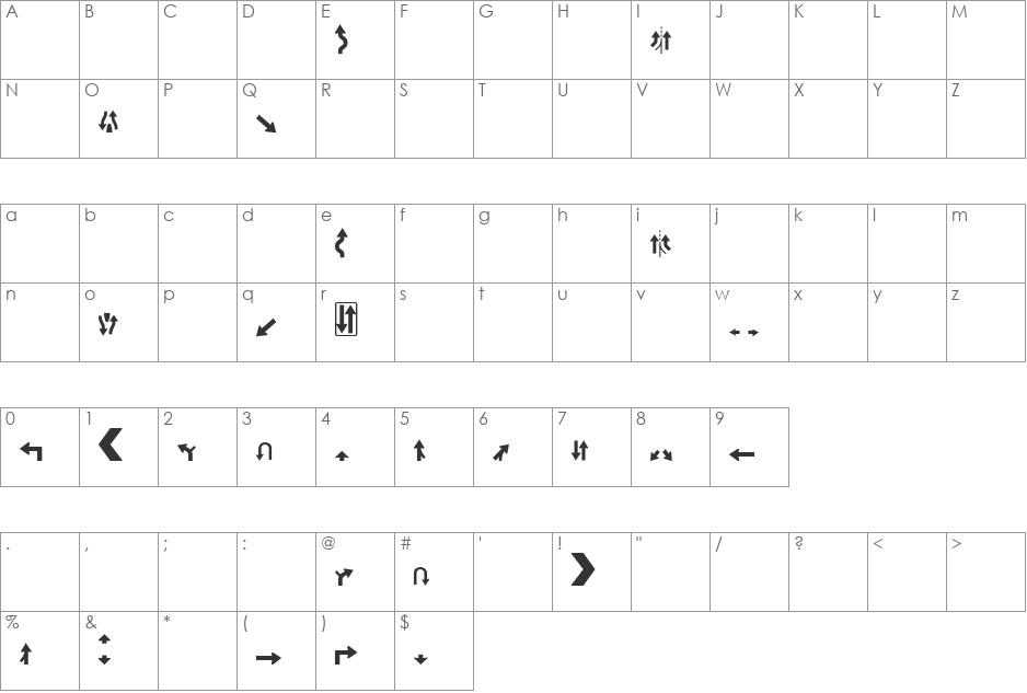 Roadgeek 2005 Arrows 2 font character map preview