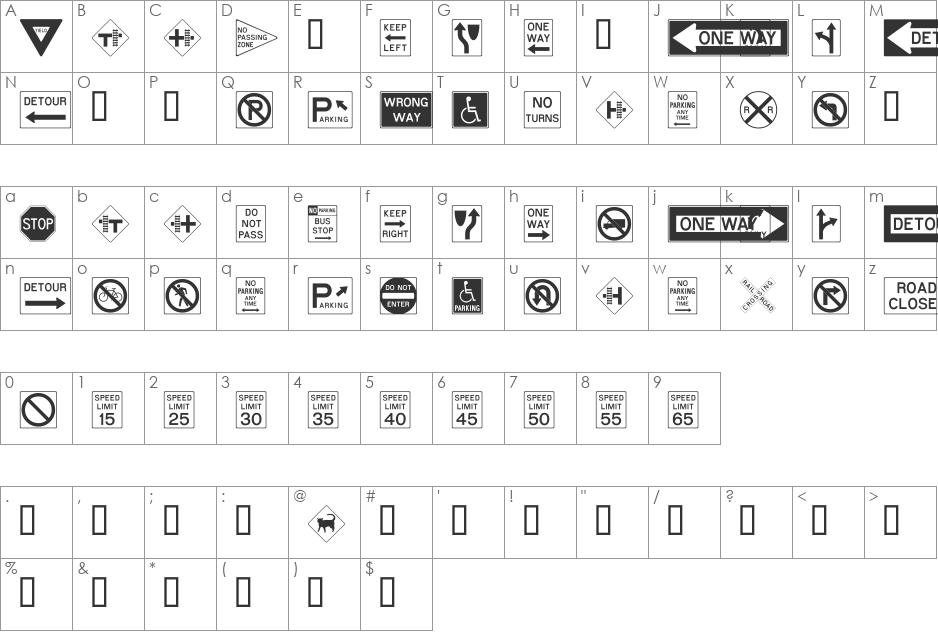 RoadSign font character map preview