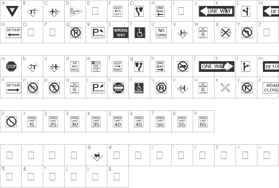 RoadSign font character map preview