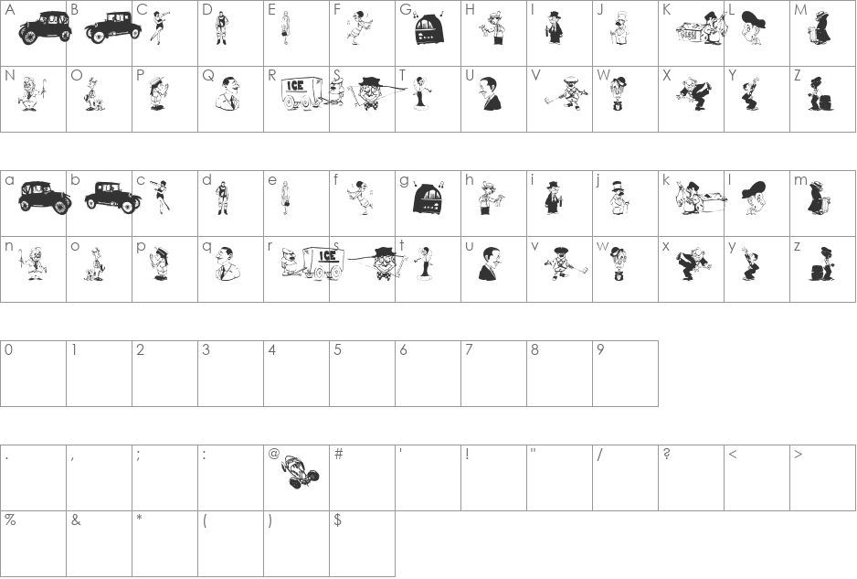 RoaringTwentieNine font character map preview