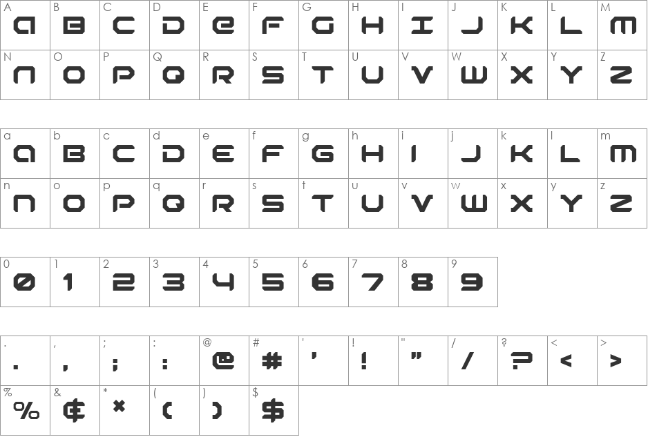 Robotaur Leftalic font character map preview