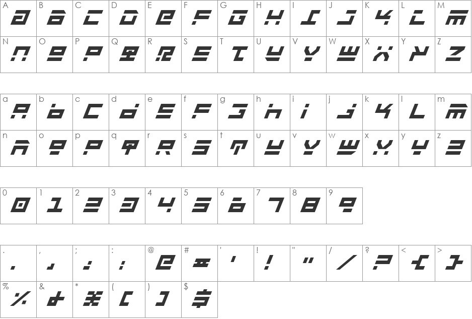 Rocket Type Italic font character map preview
