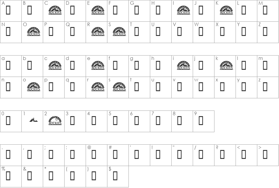 Rockies font character map preview