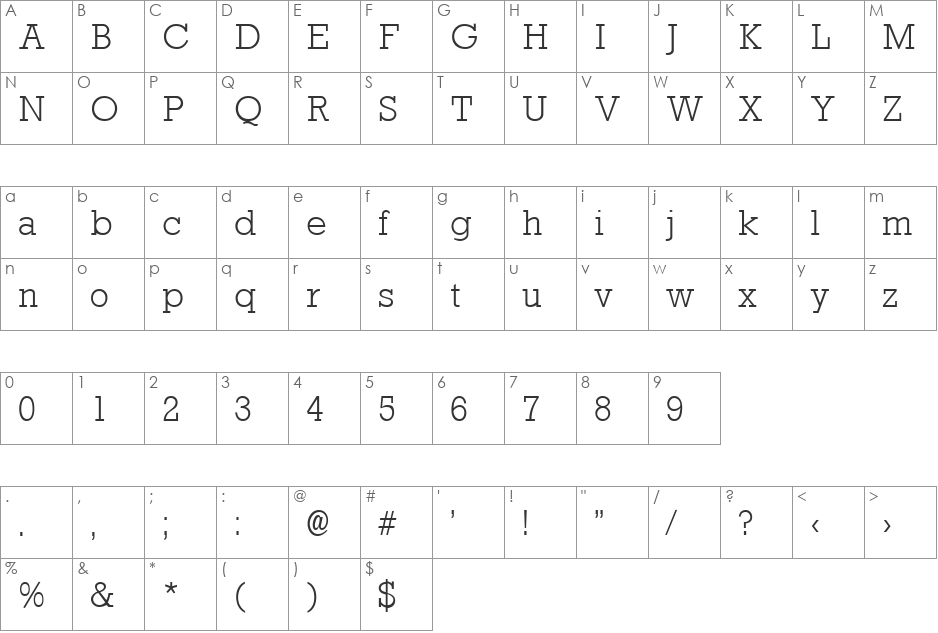 RockneyLight font character map preview