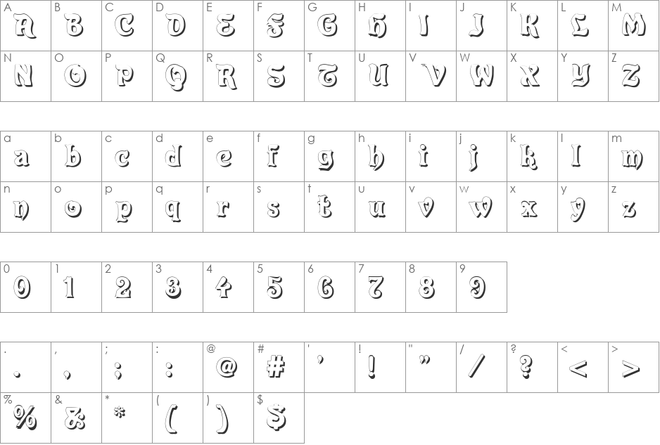 Roland Shadow font character map preview