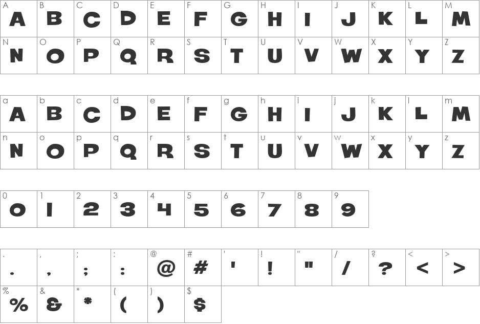 Roller World BTN Wide font character map preview