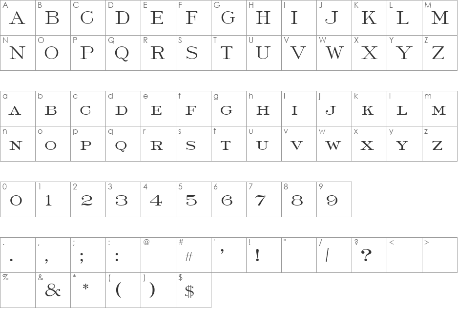 Roman Light AT font character map preview