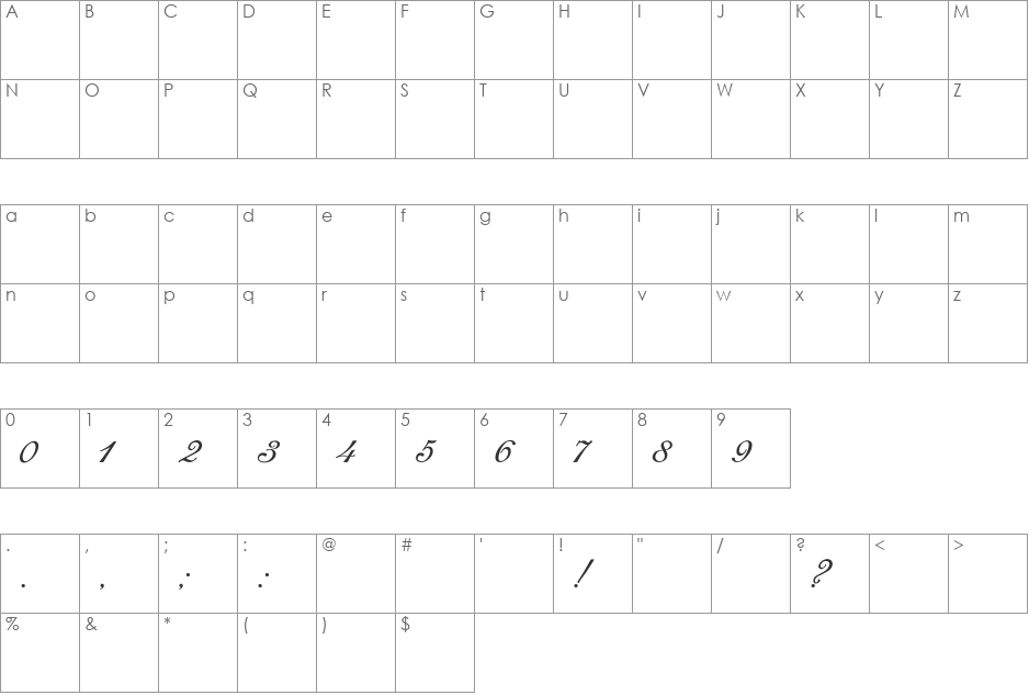 Romana Script font character map preview