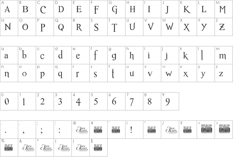 Romance Fatal Serif font character map preview