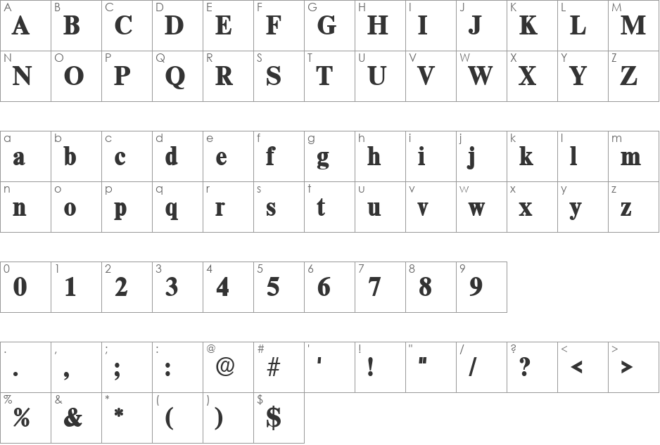 RomanLH font character map preview